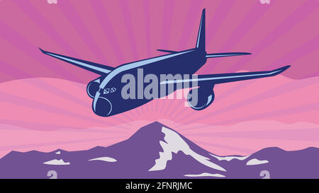 WPA poster art of a jumbo jet plane or airplane flying over mountains with sunburst in background done in works project administration or federal art Stock Vector