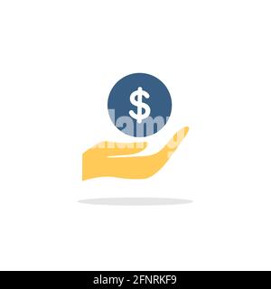 Hold hand dollar coin. Cash money concept. Color icon with shadow. Commerce glyph vector illustration Stock Vector