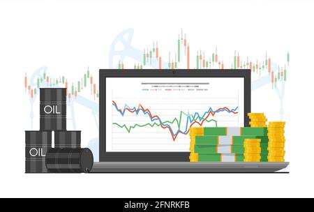 Barrel of oil price chart vector illustration in flat style. Stock graph on laptop screen. Stock Vector