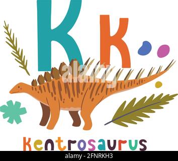 Kentrosaurus. Cute cartoon hand drawn illustration with dinosaur and K letter. Stock Vector