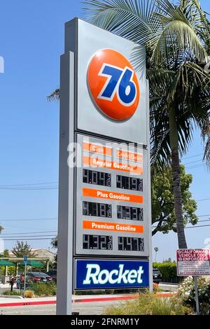 Gas prices are seen at a 76 gas station, Thursday May 13, 2021, in Monrovia, Cailif. Stock Photo