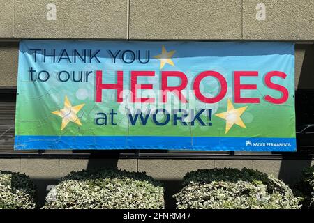 A Thank You to our Heroes at Work! sign at the Kaiser Permanente medical center, Tuesday, May 18, 2021, in Downey, Calif. Stock Photo