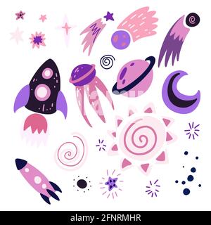 Set of childish cosmos element with stars, moon, shuttle, spacecraft and meteor with decoration. Vector cartoon object of the universe with dots. Vect Stock Vector