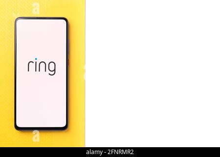 Assam, india - May 18, 2021 : Ring logo on phone screen stock image. Stock Photo
