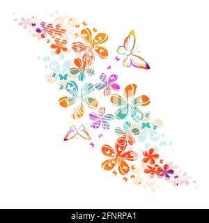 Abstraction with colorful cute simple flowers and butterflies. Vector illustration Stock Vector