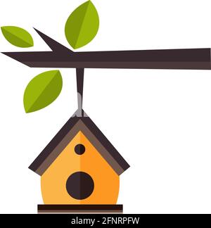 Vector Bird House hanging from a tree branch Stock Vector