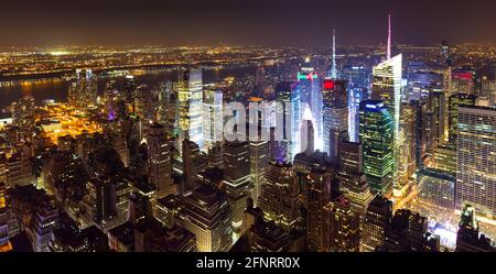 High view over Midtown West Manhattan towards Hudson River at night, New York City. Stock Photo