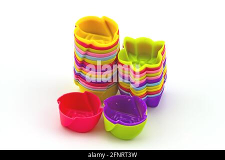 Colorful of silicone molds for baking in the form of hearts, object on a white background Stock Photo