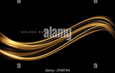 Abstract Gold Waves. Shiny golden moving lines design element with glitter effect on dark background for greeting card and disqount voucher. Stock Vector