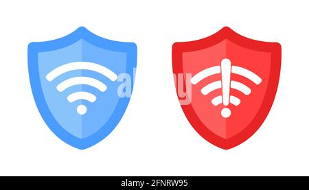 Wireless shield with text VPN and no VPN wifi icon sign flat design vector illustration. Stock Vector