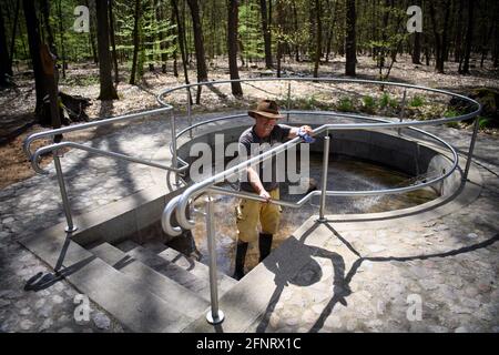 Beelitz, Germany. 10th May, 2021. Frank Bombitzky, employee of the barefoot park, wipes the railing at the Kneipp basin clean with a cloth. In a 15-hectare forest of deciduous trees, pines and birches, the park offers three different routes with a total length of about three kilometres and 66 nature experience stations. Barefoot walking is possible on various surfaces with melodious names such as vein school, climbing stilts, balancing stones, pine cone path, coconut torture, wet peat and trembling beams. Credit: Soeren Stache/dpa-zentralbild/dpa/17�Թ����� Live News Stock Photo