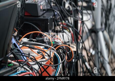 Different wires connected to system equipment Stock Photo