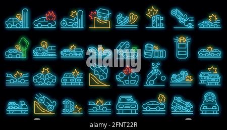 Car accident icons set. Outline set of car accident vector icons neon color on black Stock Vector