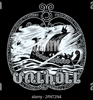 Viking design. Ancient Scandinavian Viking ship decorated with a dragon head and the inscription Valhalla, isolated on black, vector illustration Stock Vector