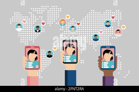 Internet communication with SNS ( live streaming app) vector banner illustration. Stock Vector