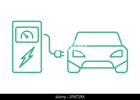 Green electric car charging at the charger station. Battery powered automobile. Clean alternative energy. Hybrid auto with plug. Electricity fuel pump Stock Vector