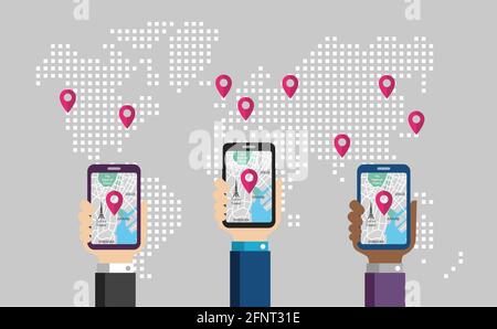 Mobile gps navigation service banner illustration.   Hand-holding mobile phone with map application. Stock Vector