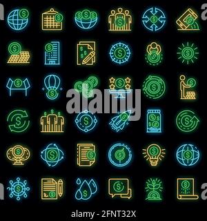 Crowdfunding platform icons set. Outline set of crowdfunding platform vector icons neon color on black Stock Vector