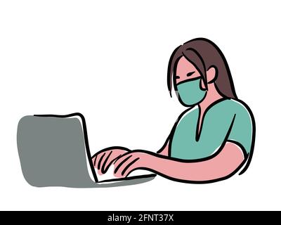 Woman with mask working on computer vector illustration Stock Vector