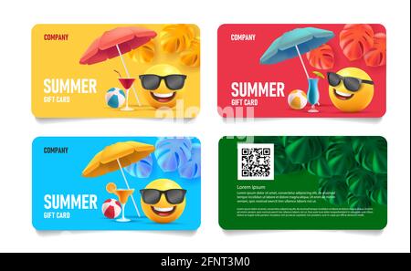 Summer sale cards set with 3d smile in sunglasses under sun umbrella with tropical leaves and cocktails and beach volleyball ball with summer discount Stock Vector