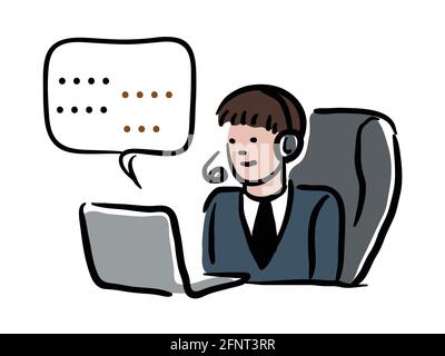 Online Communication vector Illustration. Cartoon man with computer in office Stock Vector