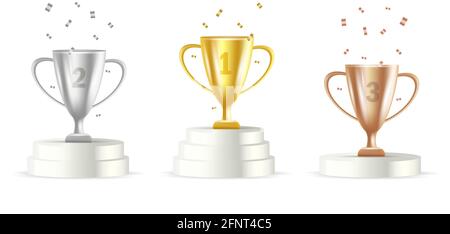 Winners podium with gold, silver and bronze cups 3d illustration with confetti, first second and third place of the tornament, isolated Stock Vector