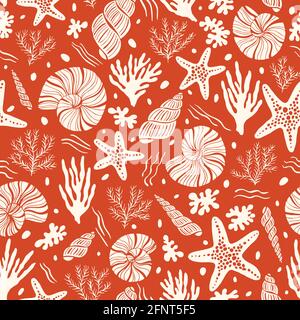 Hand-Drawn Sea Shells, Fossils, Starfish, Corals, Seaweeds, Waves Abstract Vector Seamless Pattern Stock Vector