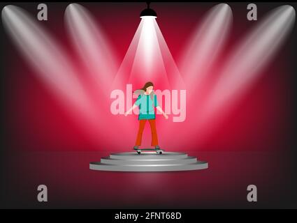 vector image girl cartoon character riding a skateboard or surf skate standing on podium with spotlight Stock Vector
