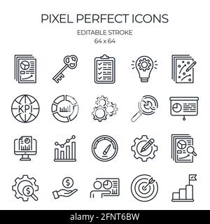 KPI key performance indicators concept related editable stroke outline icons set isolated on white background flat vector illustration. Pixel perfect. Stock Vector