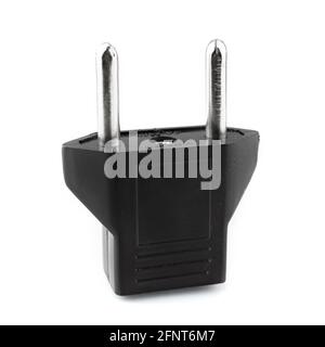 Black US to EU socket adapter and connector isolated on the white background, close-up Stock Photo