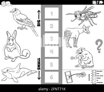 Black and white cartoon illustration of educational game of finding the biggest and the smallest animal species with comic characters for kids colorin Stock Vector