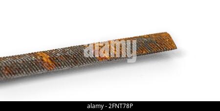 Rusty metal equipment rasp tool close-up photo isolated on white background Stock Photo