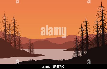 Incredible Mountain views from the riverbank at dusk. Vector illustration Stock Vector