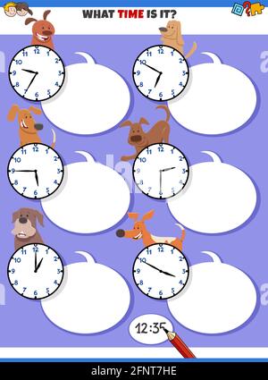 Cartoon illustrations of telling time educational task with clock faces and happy dogs animal characters Stock Vector