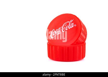 Kharkov, Ukraine - May 11, 2021: Coca-cola caps isolated on the white background Stock Photo