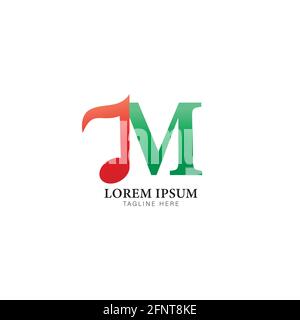 Letter M Alphabet Music Logo Design Isolated on White Background. Initial, Musical Note, Quaver, Eighth Notes logo concept. Orange and Green Color Stock Vector