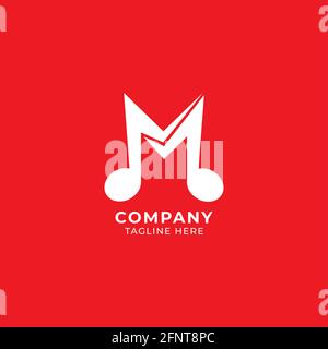 Letter M Alphabet Music Logo Design isolated on Red Background. Initial, Musical Note, Quaver, Eighth Notes logo concept. Monogram Lettermark Logotype Stock Vector