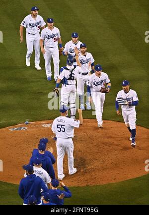 Los Angeles, United States. 19th May, 2021. The Los Angeles Dodgers celebrate their 9-1 win over the Arizona Diamondbacks at Dodger Stadium in Los Angeles on Tuesday, May 18, 2021. Photo by Jim Ruymen/UPI Credit: UPI/Alamy Live News Stock Photo
