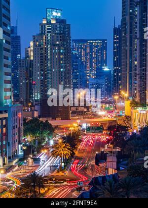 DUBAI, UNITED ARAB EMIRATES - Mar 09, 2020: View of Traffic Activity at the Dubai Media City at Night. Stock Photo