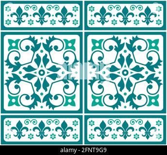 Lisbon, Portuguese style Azulejo tile seamless vector green and white pattern, elegant decorative design with floral motif and fleur de lis shapes Stock Vector