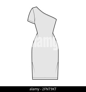 Dress one shoulder technical fashion illustration with short sleeve, fitted body, knee length pencil skirt. Flat apparel front, grey color style. Women, men unisex CAD mockup Stock Vector