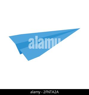 Origami plane. Blue fold paper airplane isolated on white background. Symbol of communication, delivery, travel, dreaming. Vector flat illustration. Stock Vector
