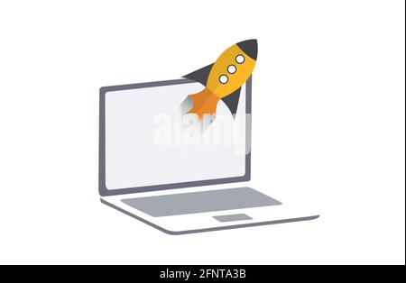 Startup vector concept, flat cartoon rocket launch, idea of successful business project start up, boost technology, innovation. Stock Vector