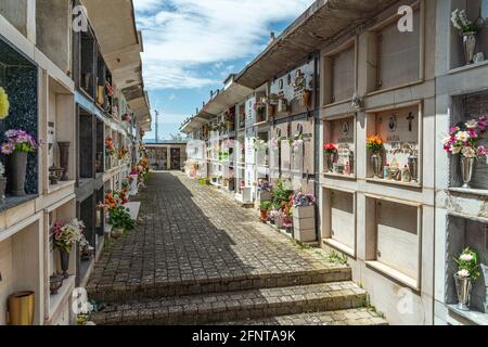 Respect for the dead is represented by the enormous quantity of flowers that the living place in front of the tombstones. Abruzzo, Italy, Europe Stock Photo