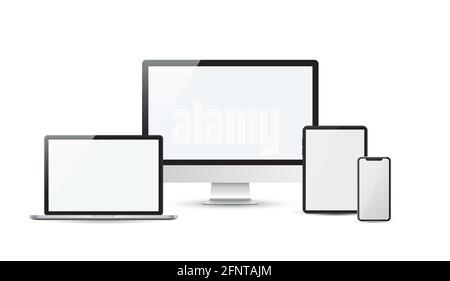 Devices in realistic trendy design on transparent background. Set of computer laptop tablet and smartphone with empty screens. Mock up. Stock Vector