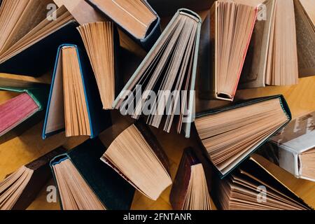 Group of books on wooden planks background Stock Photo