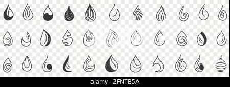 Shapes of drops doodle set. Collection of hand drawn various drop patterns shapes silhouettes in rows isolated on transparent background  Stock Vector