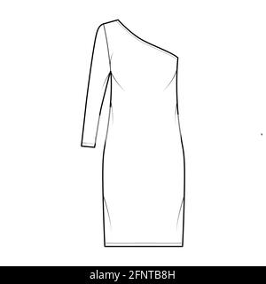 Dress one shoulder technical fashion illustration with long sleeve, oversized body, knee length pencil skirt. Flat apparel front, white color style. Women, men unisex CAD mockup Stock Vector