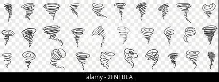 Tornado and hurricane doodle set. Collection of hand drawn natural disasters hurricanes tornado with windy center in rows isolated on transparent background  Stock Vector