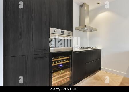 Interior of corner of contemporary kitchen with dark wooden cupboard and cabinet equipped with modern bar fridge and stove with hood Stock Photo